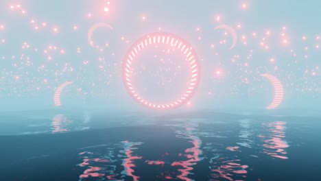 4k video animation of foggy riverside landscape, with magical pink environment and neon effect sci-fi object floating over the water.