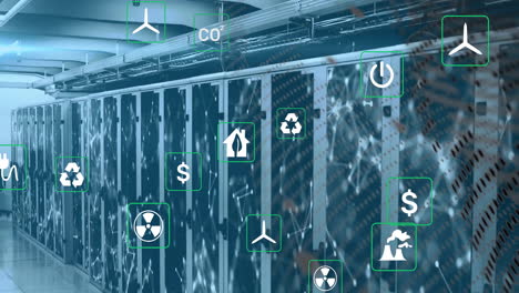 animación de iconos ecológicos y procesamiento de datos a través de servidores informáticos.