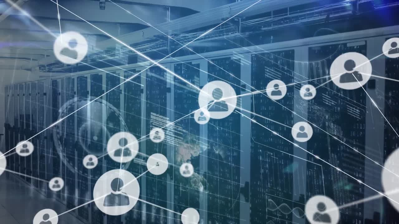 Animation of profile icons and interface with data processing against computer server room