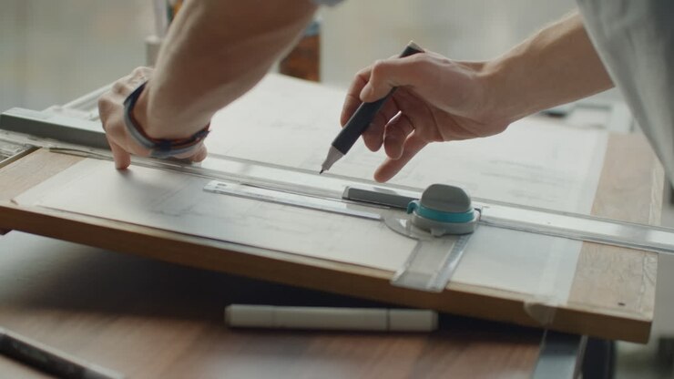 A male architect creates a drawing of a building on paper. To study the design of premises to create furniture and houses. Large modern office draw on blackboard.