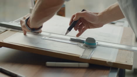 un arquitecto masculino crea un dibujo de un edificio en papel. para estudiar el diseño de las instalaciones para crear muebles y casas. gran oficina moderna dibuja en la pizarra.