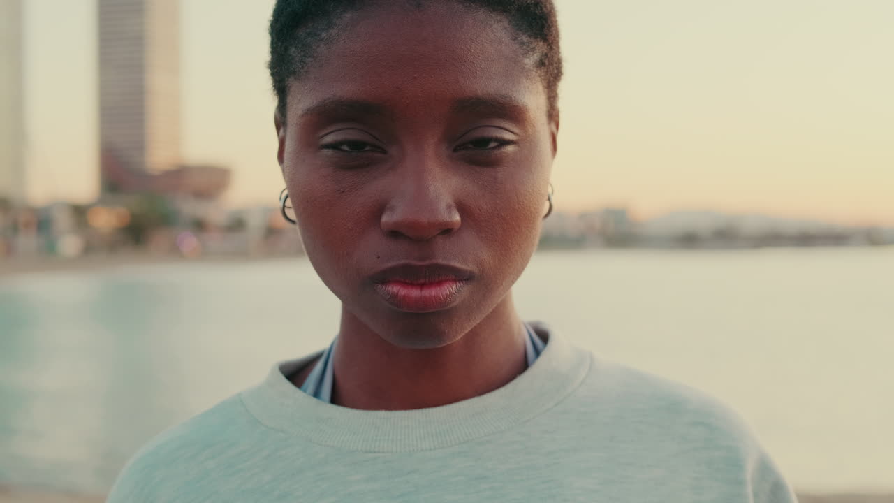 Close-up Portrait of Young African American Woman by the Sea