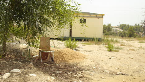 a single chair sits alone in the desert, shed in background