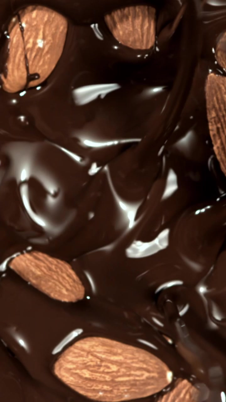 Cokelat Hitam Leleh Ditungkan di Atas Kacang Almond Utuh