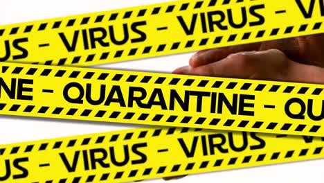animación de las palabras cuarentena y virus escritas en amarillo en cinta