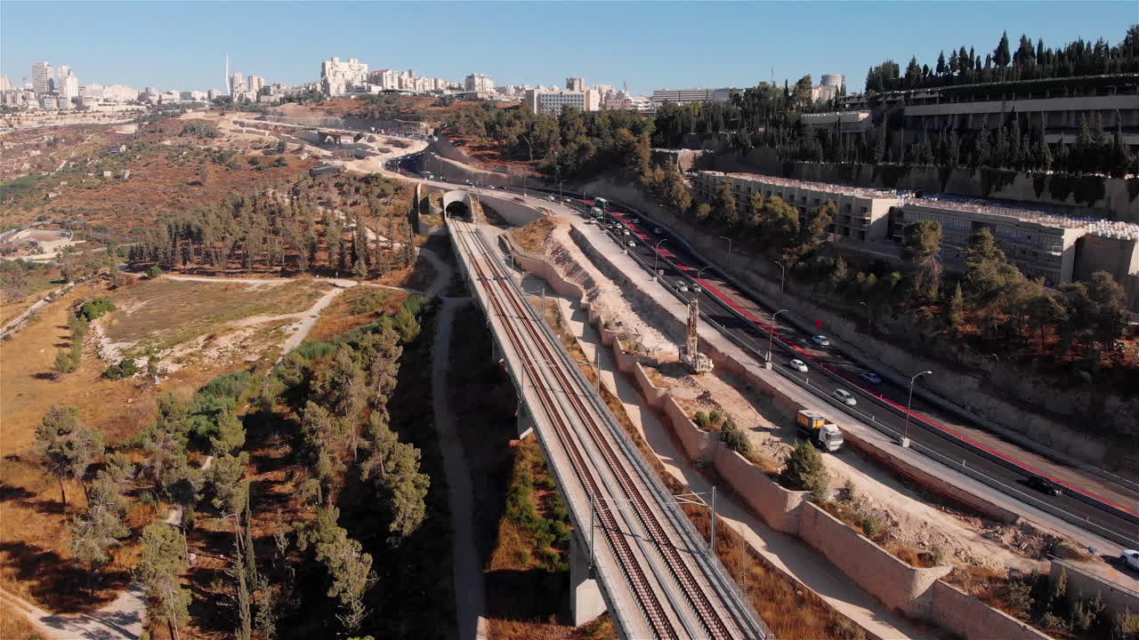 Large Railway bridge with cars traffic Aerial view
