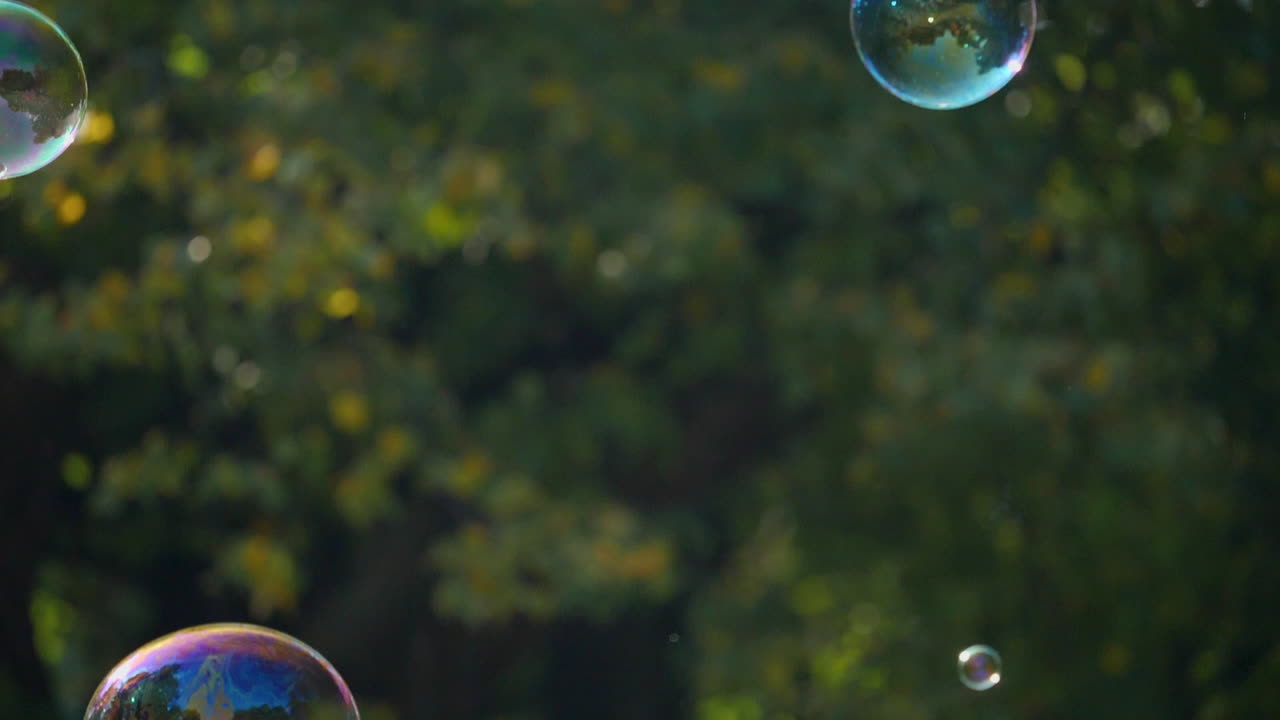 Slow-motion shot of glittering soap bubbles in the autumnal city park with child's hands trying to catch them in the middle of the shot