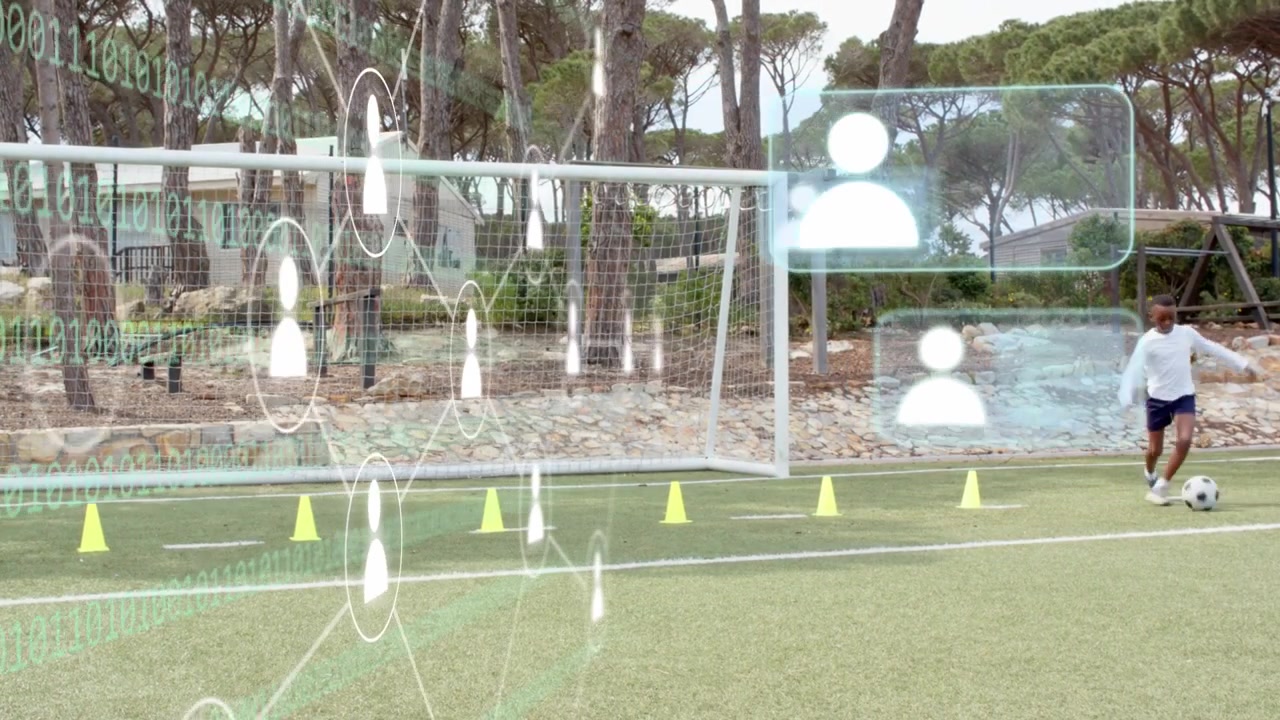 Left boy dribbling soccer ball along cones to goal, partner joining training, user icons overlaying