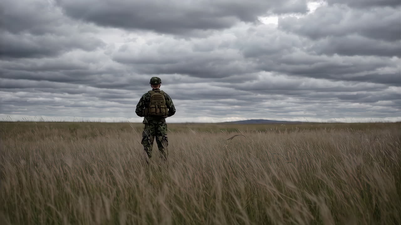 Soldier in a field under a cloudy sky