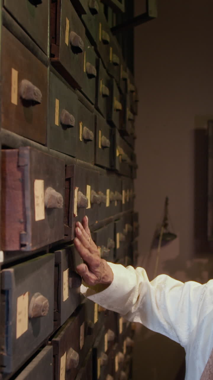 Male Herbalist Taking Dried Ingredients for Making Mixture at Pharmacy