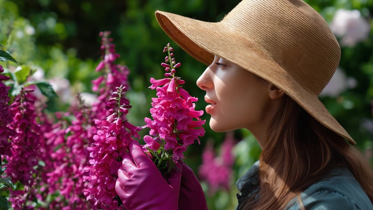 Una donna con un cappello da sole che annusa delicatamente vivaci fiori di digitale rosa, abbracciando la bellezza della natura e del giardinaggio in un rigoglioso giardino fiorito.