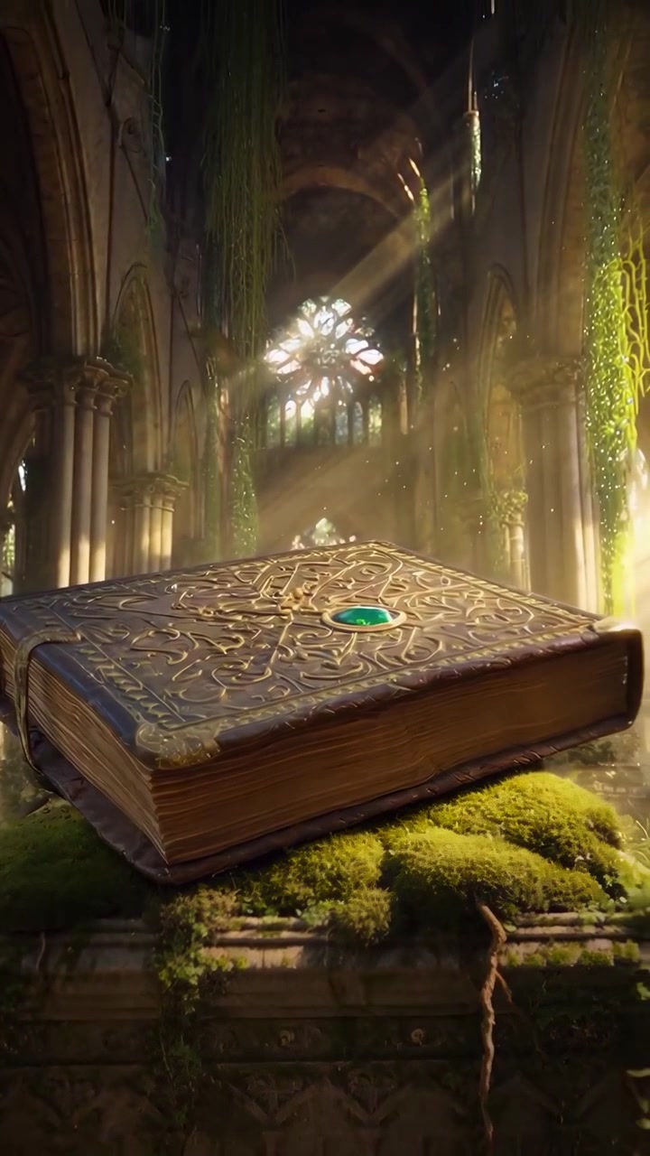 Livro Antigo Misterioso com Gema Verde em Ruínas de Igreja Cobertas por Vegetação