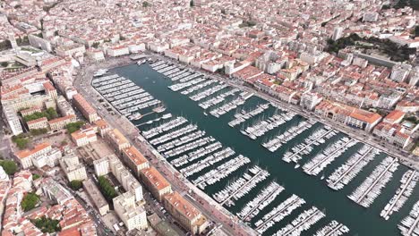 drone view of marina marseille, lots of boats and more spotted, marseille france