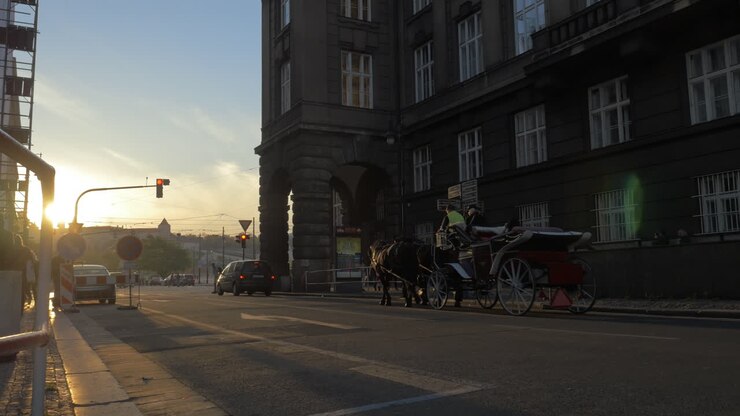 Prager Straße mit Auto und Pferdekutsche.