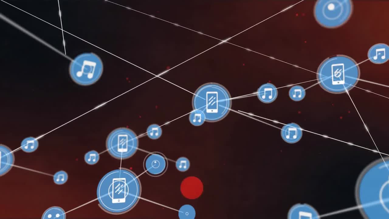 animación de la red de conexiones con iconos digitales sobre puntos rojos