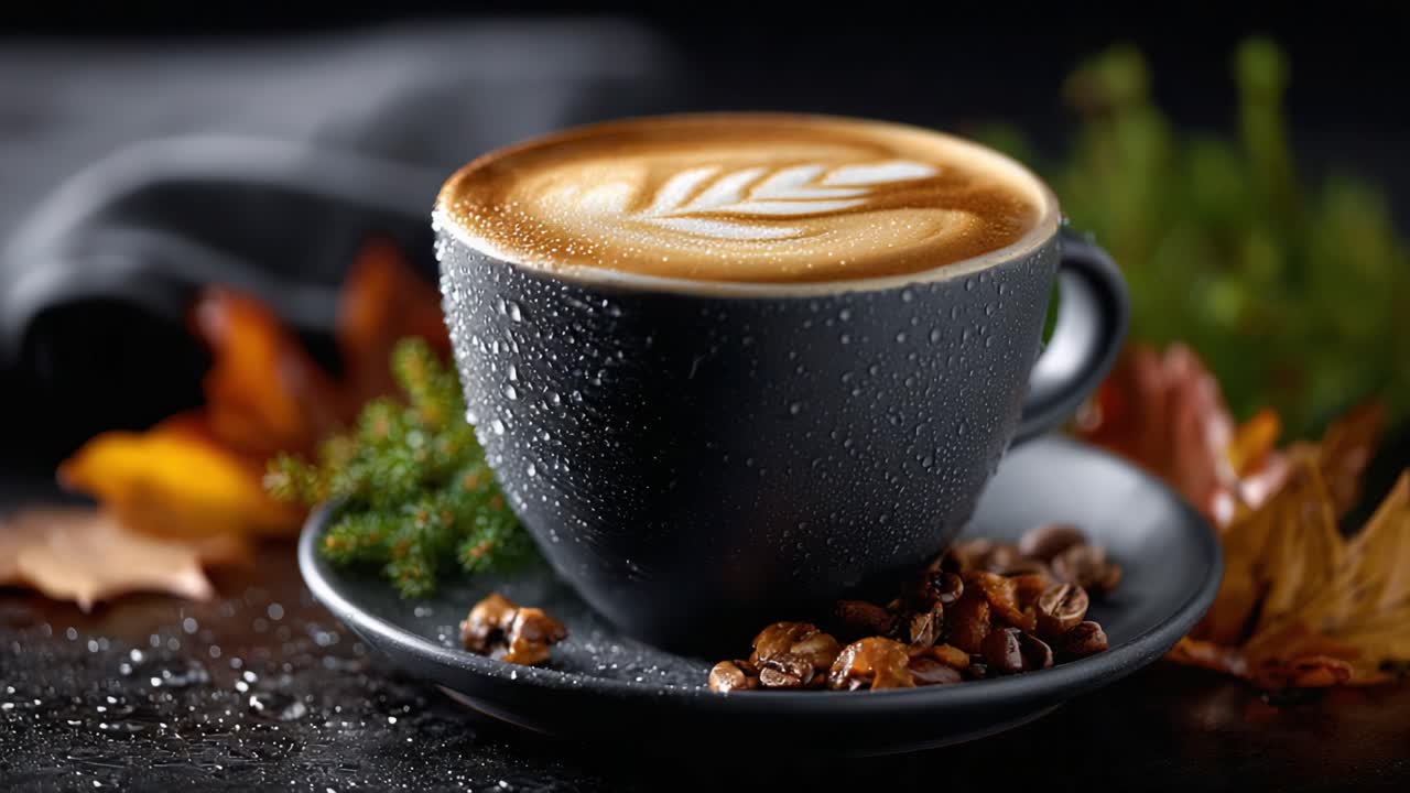 Aesthetic Coffee Experience Highlighting a Beautifully Crafted Latte Art in a Stylish Cup Surrounded by Seasonal Elements and Fresh Ingredients