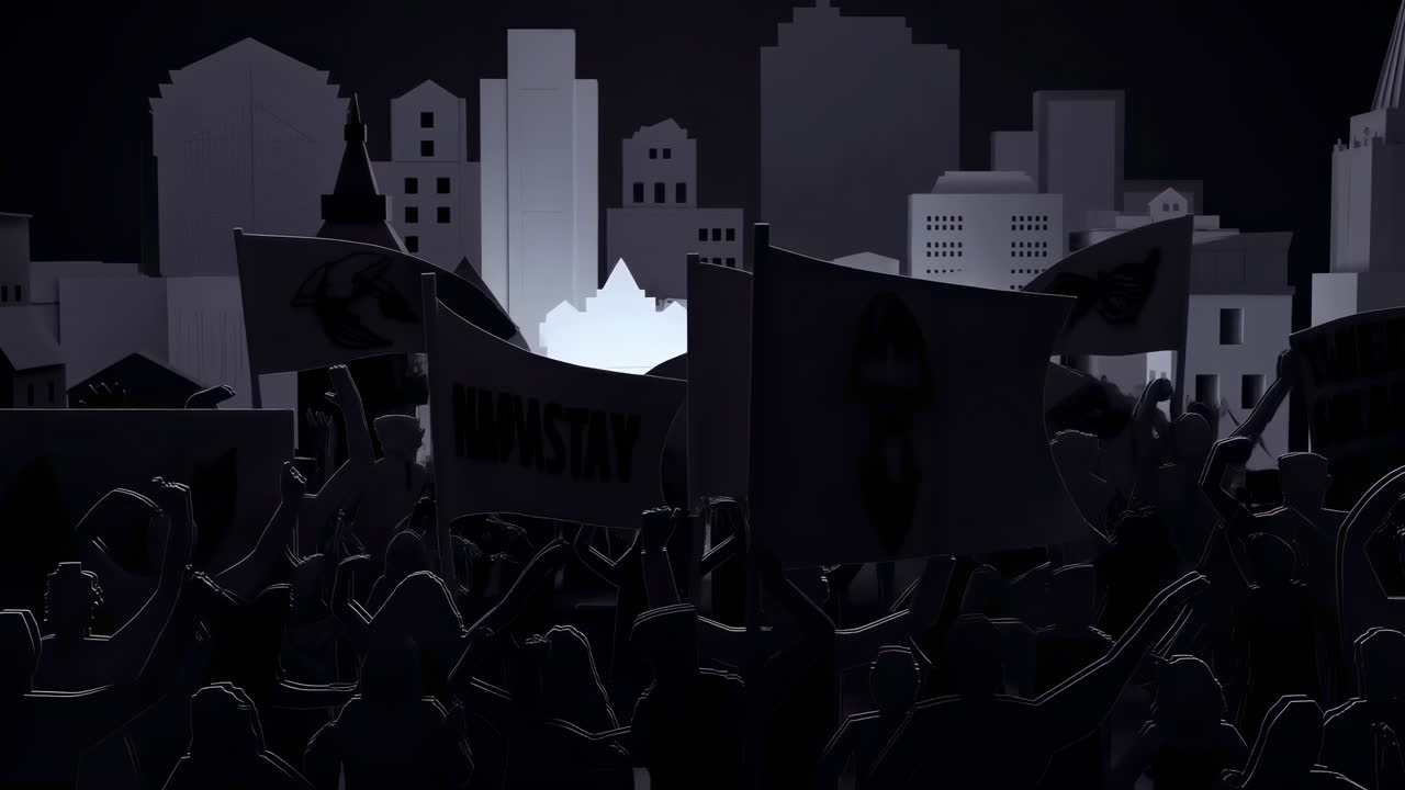 Silhouettes of a Protesting Crowd with Flags in a City