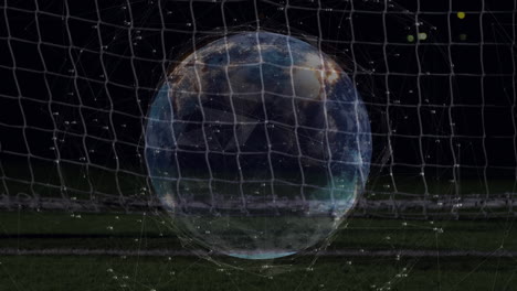 animation of networks of connections and globe over football goalkeeper