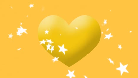 Animation-of-white-stars-falling-over-yellow-heart-emoji-on-yellow-background