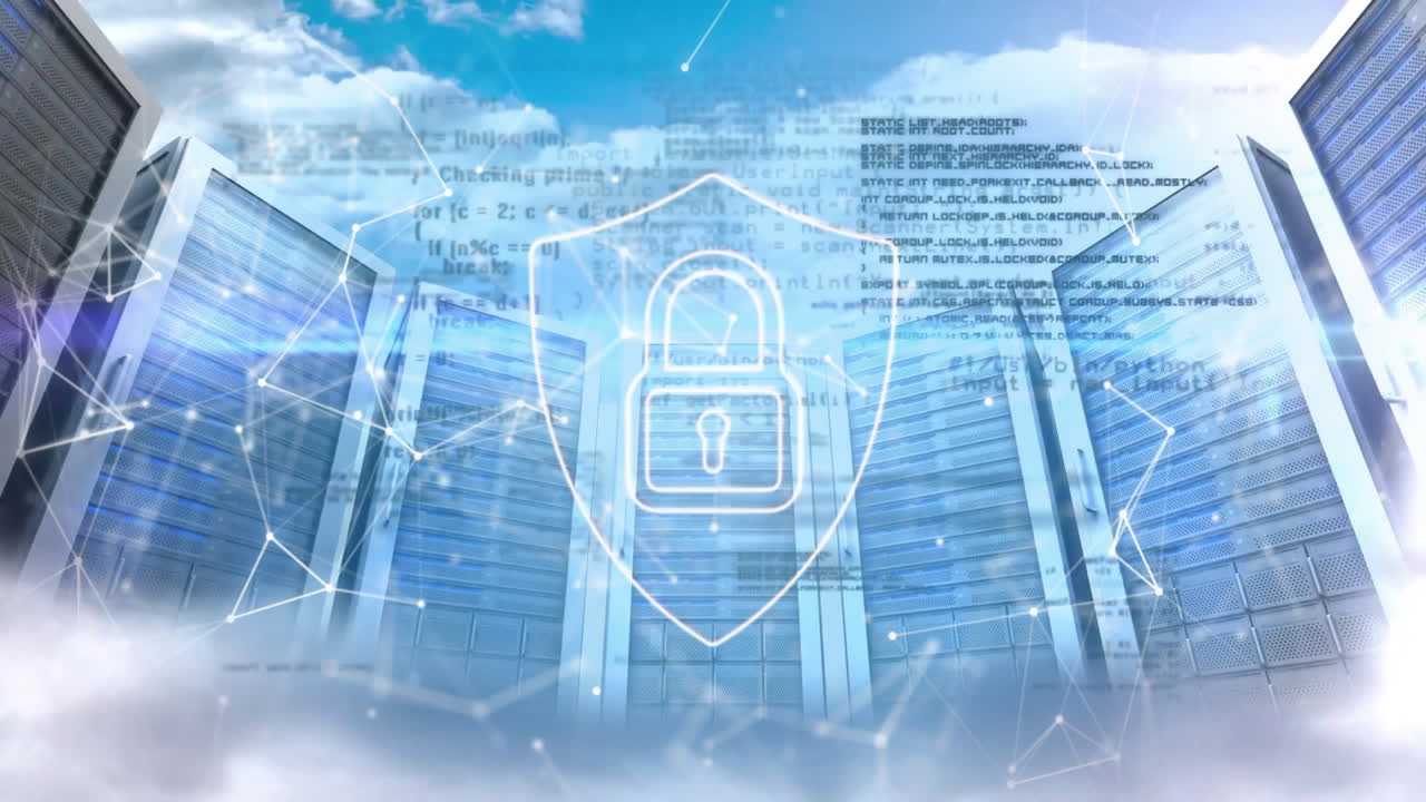 데이터 서버 및 클라우드 컴퓨팅 인프라에 대한 잠금 및 방패 보안 애니메이션