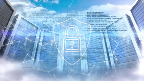 lock and shield security animation over data servers and cloud computing infrastructure