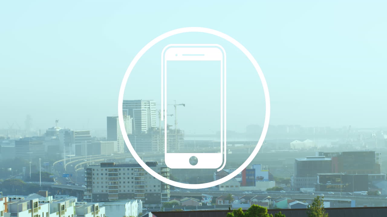 Animasjon av smarttelefonikon mot luftfoto av bybilde
