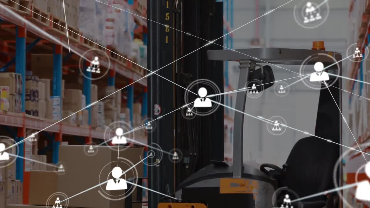 Animazione di rete di connessioni con icone su magazzino