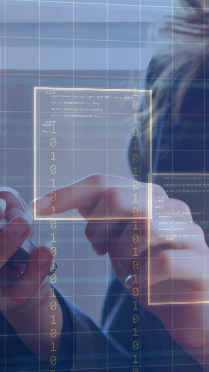 Video verticale: Donna che tocca il telefono, attivando una griglia morbida e un HUD binario che segna i tocchi per una demo tecnologica.