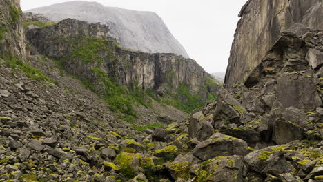 Hellmojuvet-Canyon-With-Rocky-Cliffs-In-Northern-Norway---Drone-Shot