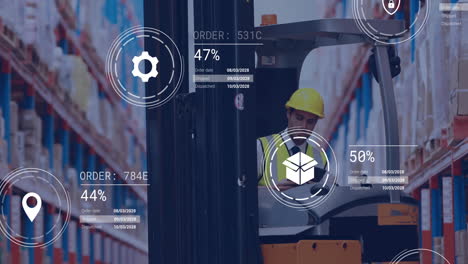 animation of icons and data processing over caucasian man working in warehouse