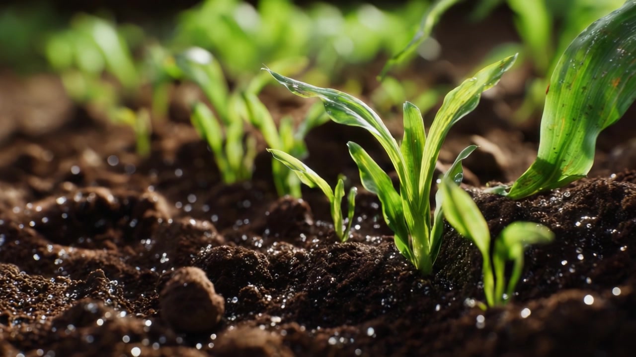 Close-Up of Vibrant Green Seedlings Growing in Rich Dark Soil with Moisture Drops, Capturing the Essence of Early Plant Life and the Beauty of Nature's Growth