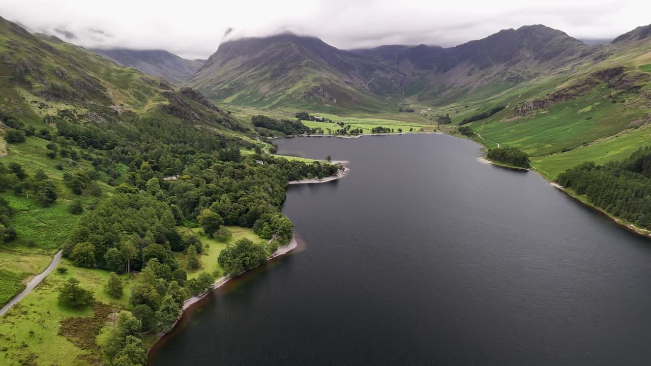 An aerial perspective of Buttermere, Lake District in England. Buttermere and Crummock Water on an overcast day