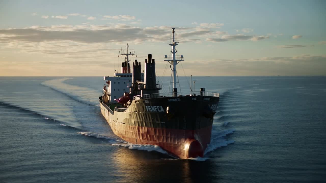 Cruising bulk cargo ship creating V-shaped wake over calm sea as drone approaching, with cranes