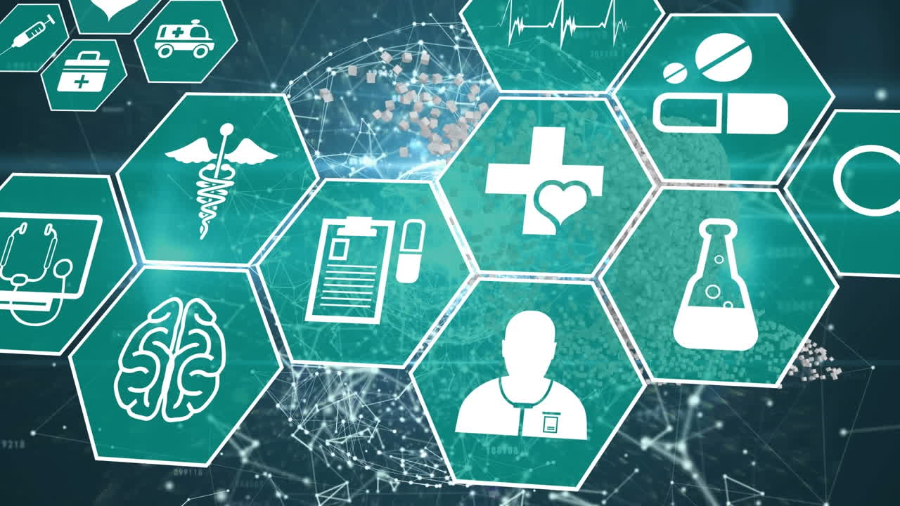 의료 아이콘과 연결 네트워크의 애니메이션