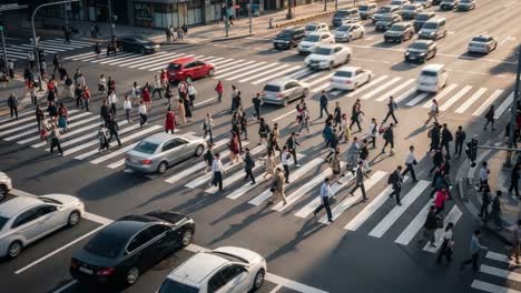 busy urban intersection with blurred motion of cars and pedestrians