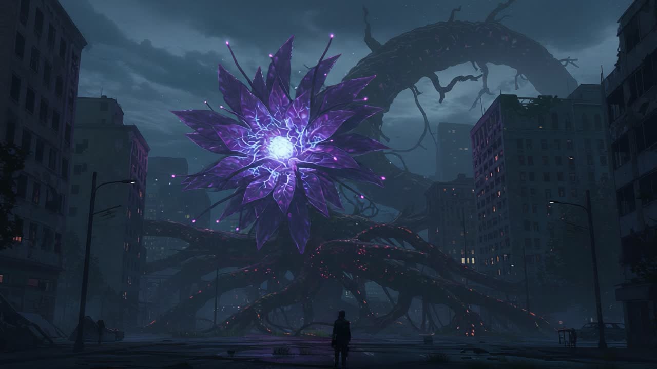 A Mysterious, Enigmatic Bloom Illuminates a Forsaken Cityscape, Surrounded by Twisted Roots and Dimly Lit Skyscrapers in an Otherworldly, Dystopian Setting