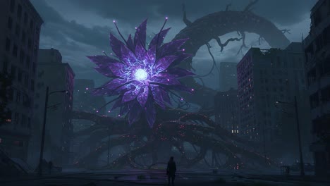a mysterious, enigmatic bloom illuminates a forsaken cityscape, surrounded by twisted roots and dimly lit skyscrapers in an otherworldly, dystopian setting