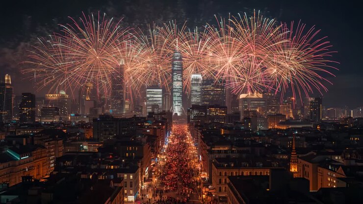 Watching crowd awaiting fireworks starting above skyscrapers on boulevard, with streetlights