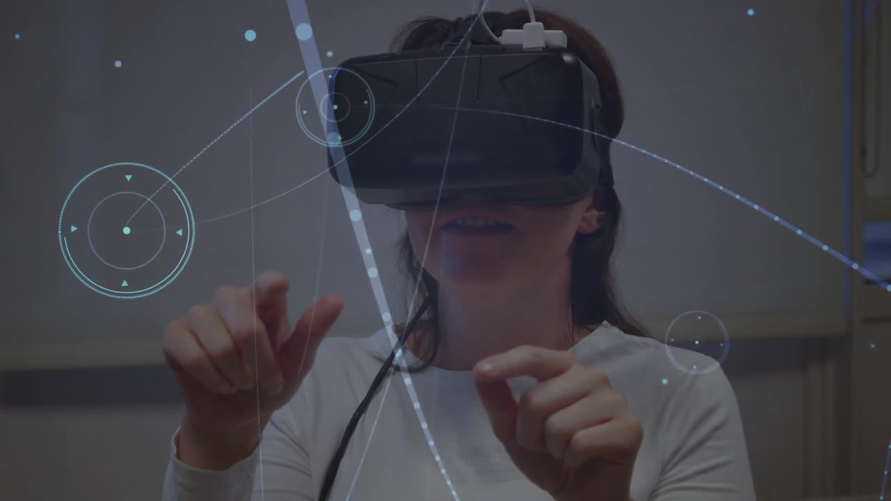 Using VR headset and interacting, woman with virtual interface animation