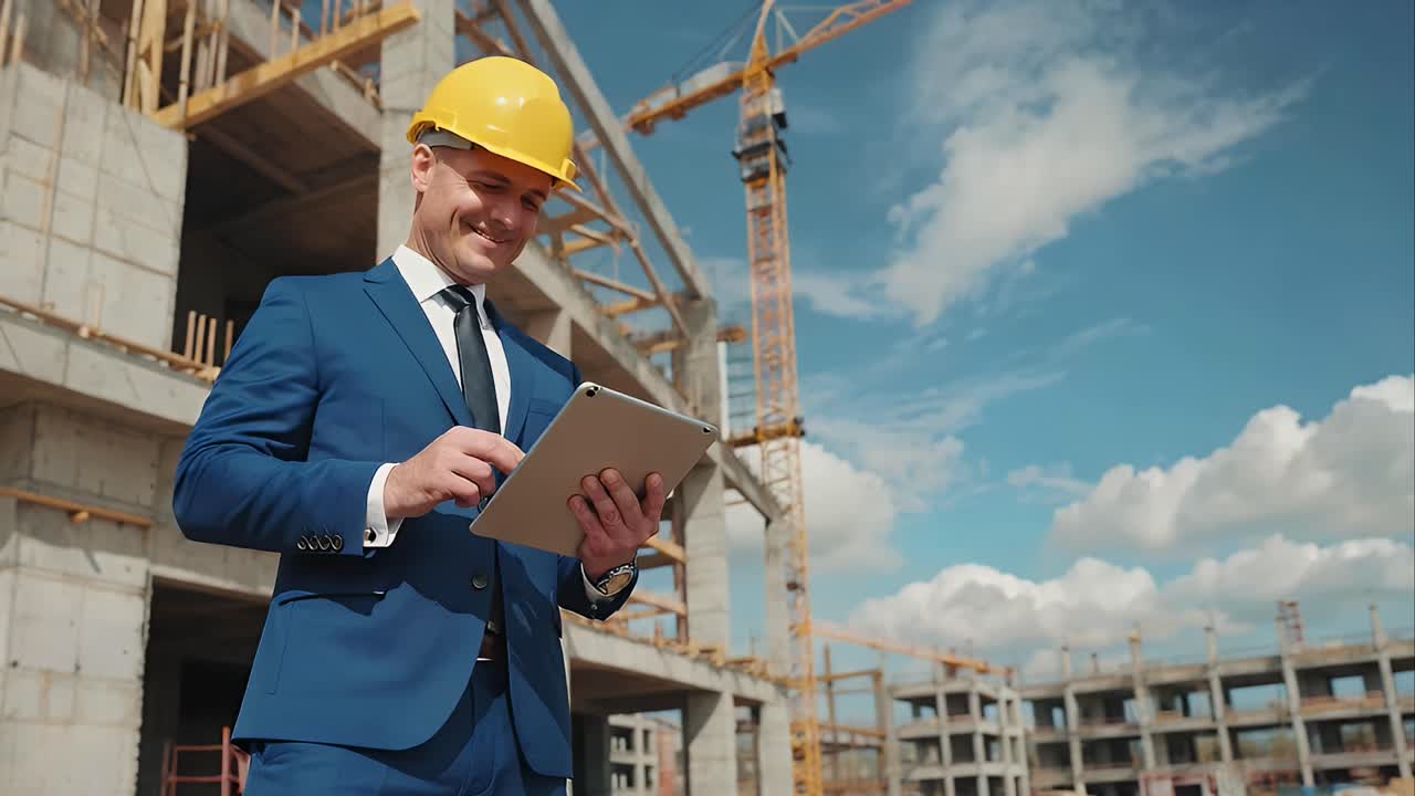 Ingeniero caucásico sonriente utilizando una tableta en una obra de construcción moderna.