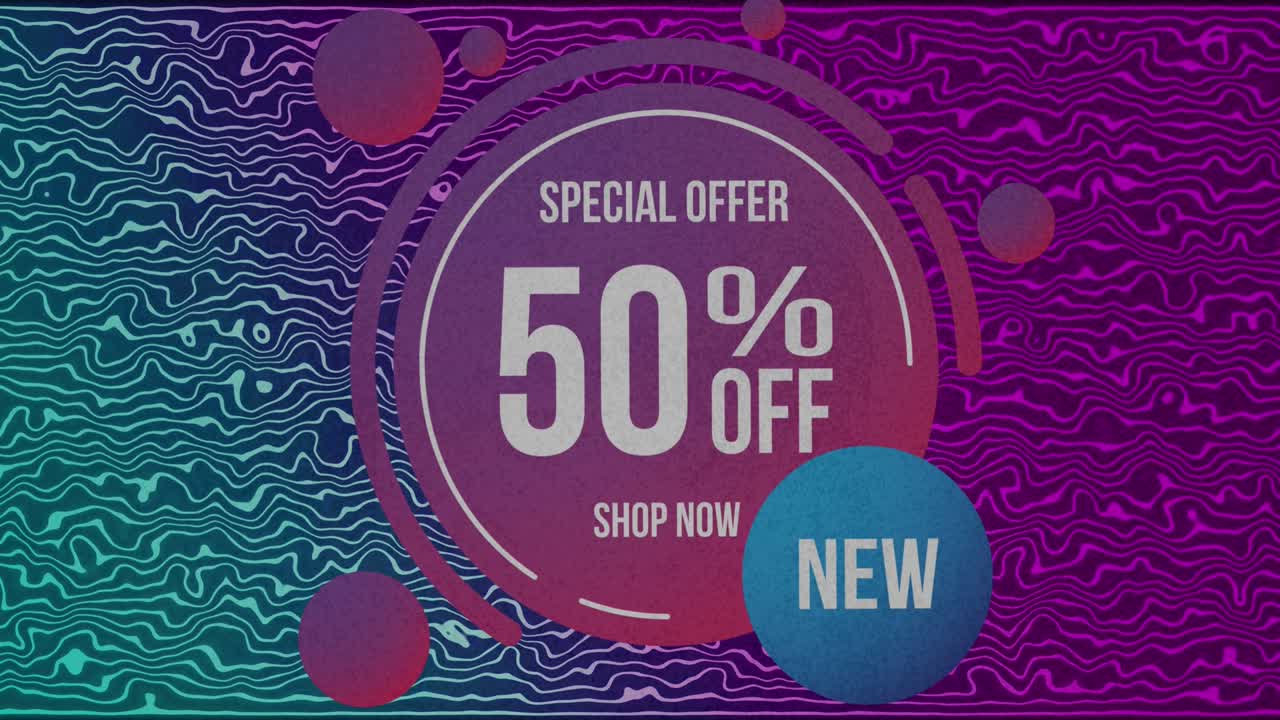 특별 제공의 애니메이션 텍스트의 50% 할인, 원, 분홍색과 파란색 파란색 배경 위에
