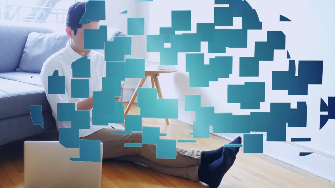 Animation of shapes moving over asian man using smartphone