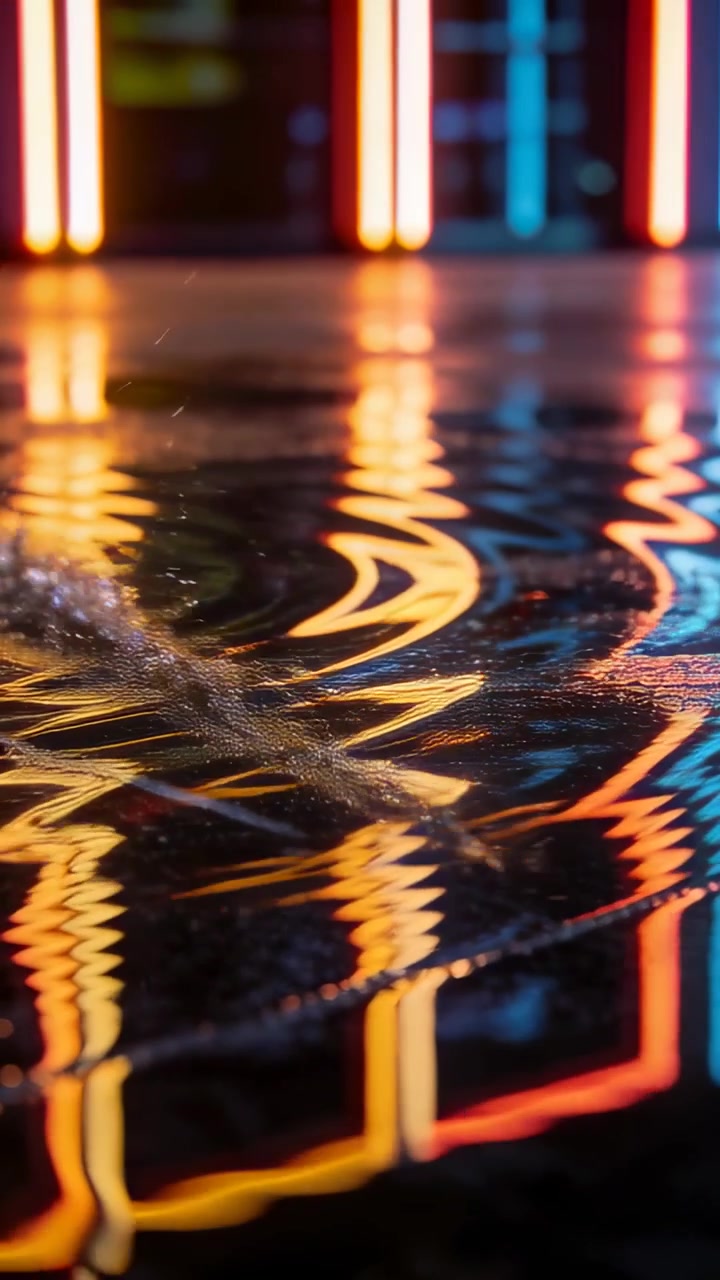 Vertical video: Splashing shallow pool after side strike, ripples spreading across neon reflections
