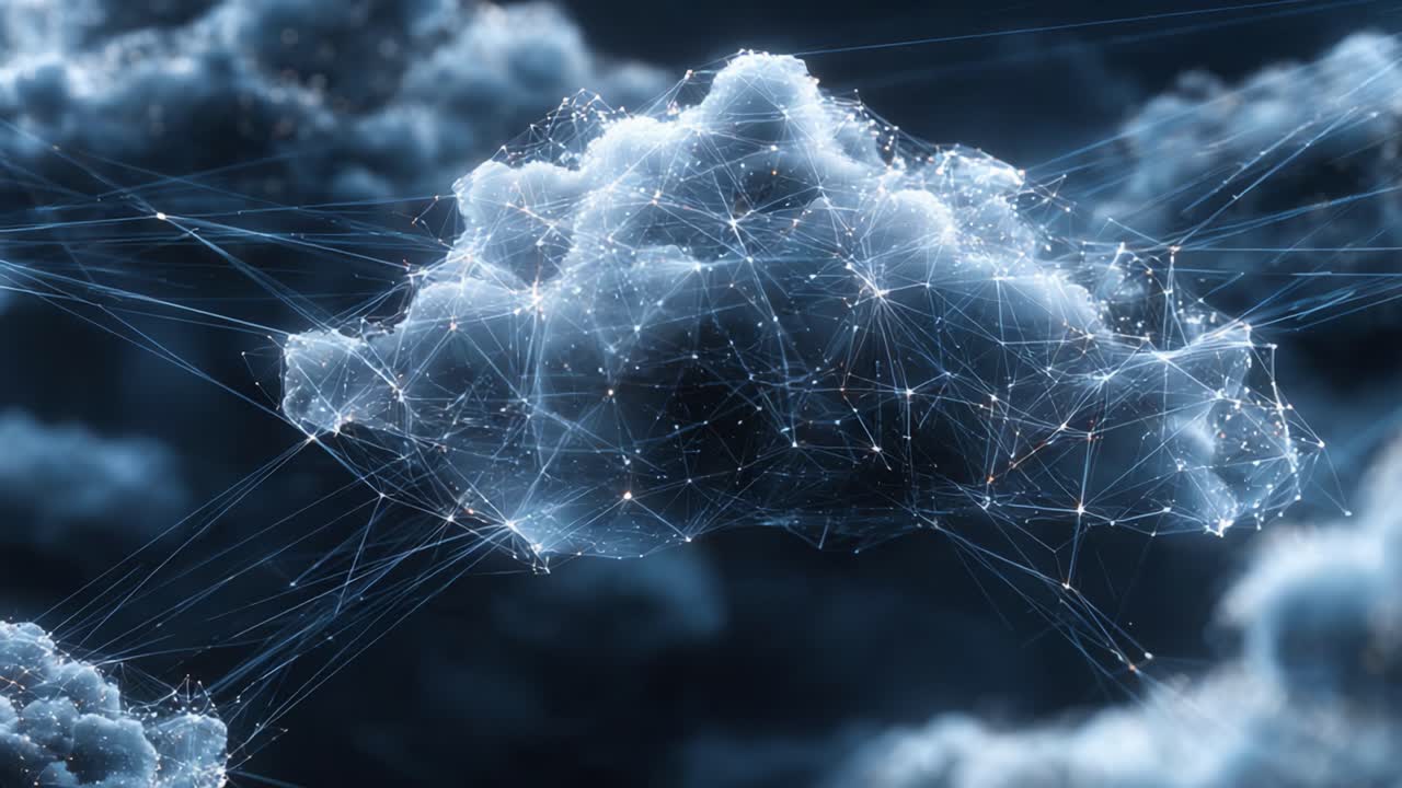 A Mesmerizing Display of a Digital Cloud: A Blend of Technology and Nature Representing the Fusion of Connectivity and Imagination, Surrounded by Dark Atmospheric Elements