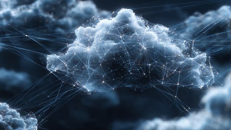 A Mesmerizing Display of a Digital Cloud: A Blend of Technology and Nature Representing the Fusion of Connectivity and Imagination, Surrounded by Dark Atmospheric Elements