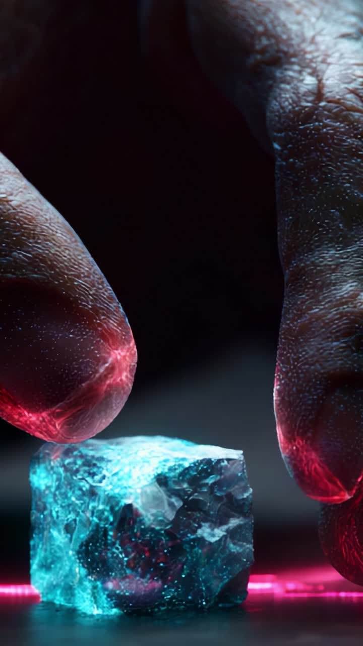 A Close-Up View of a Person's Hands Gently Manipulating a Glowing Ice Cube with Intricate Details Illuminated by Vibrant Colored Light Effects