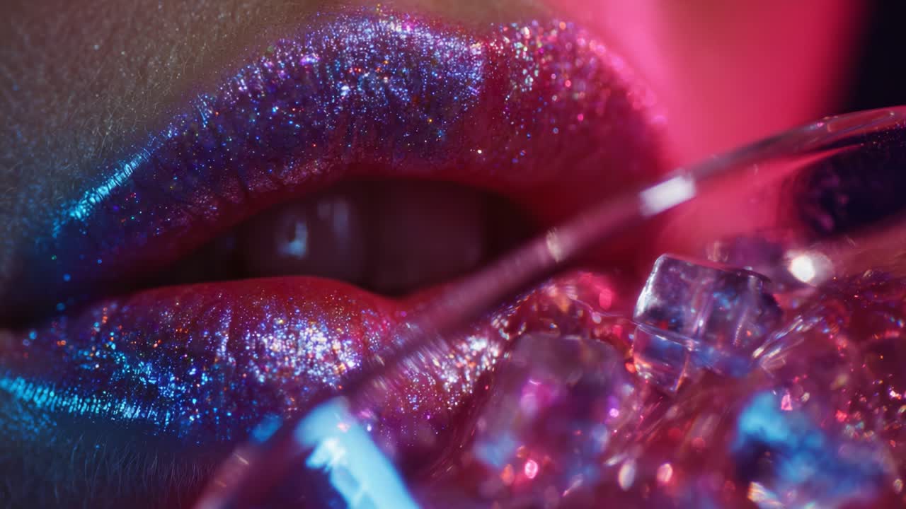 Esplorazione ravvicinata di labbra scintillanti, valorizzate da riflessi di luce colorati e ghiaccio, che cattura l'essenza della bellezza e del glamour in una composizione vivace e seducente