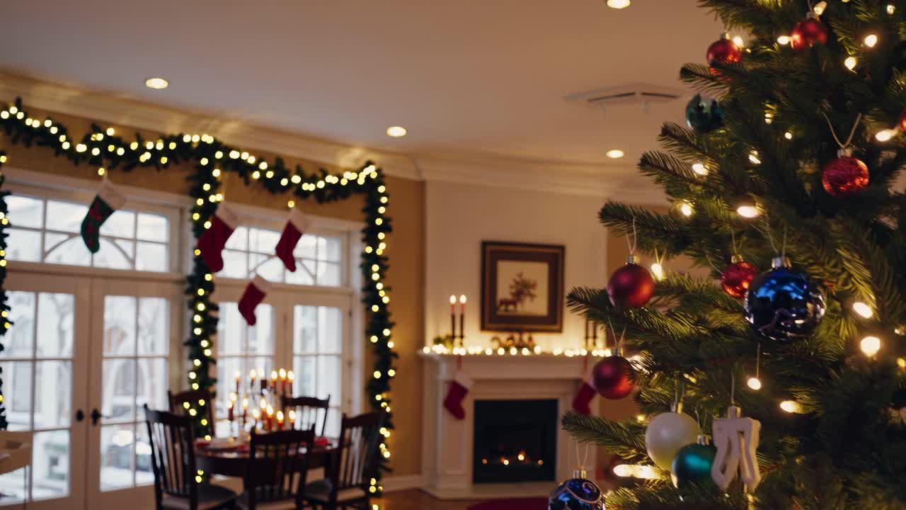 Warm, festive living room scene with a Christmas tree in the foreground