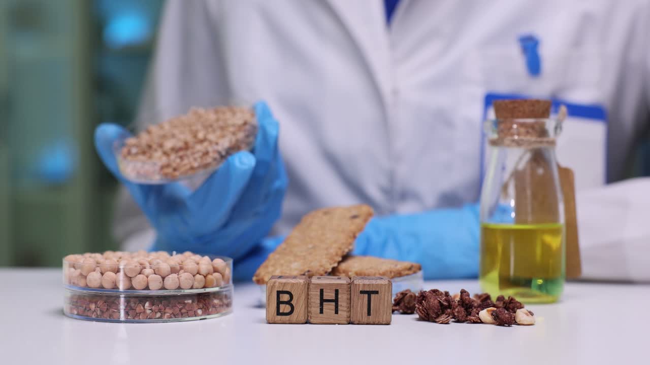Tutkija tutkimassa elintarvikeainesosia ja BHT-lisäainetta laboratoriossa