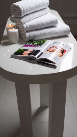 modern spa table with magazine and towels